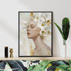 black frame wall art canvas painting depicts a woman wearing white flowers