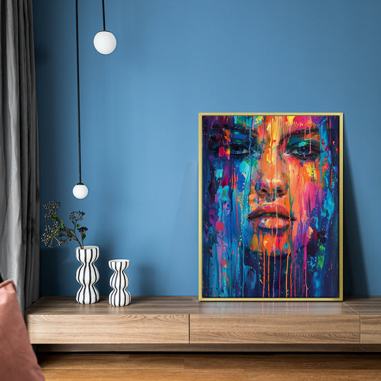 gold frame abstract beautiful woman art canvas on the blue wall