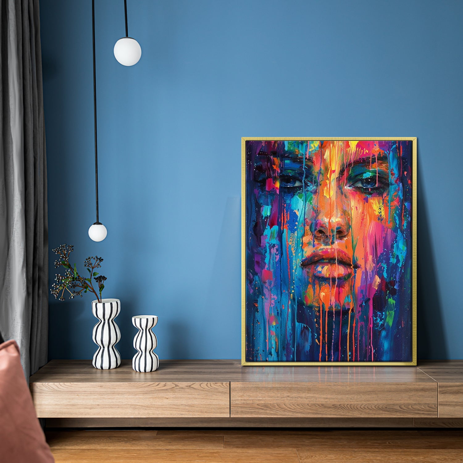 gold frame abstract beautiful woman art canvas on the blue wall