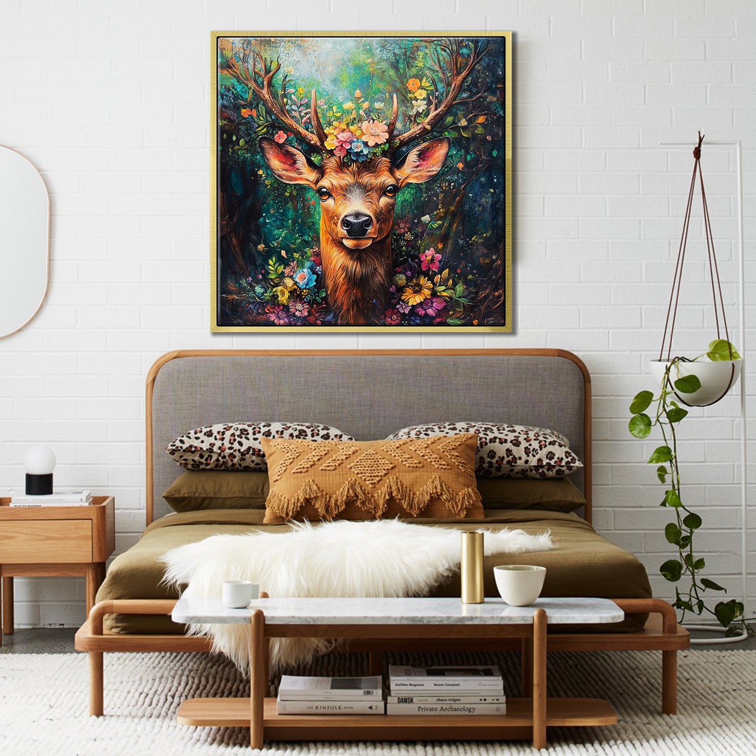 gold frame deer wall art decor painting in the bedroom