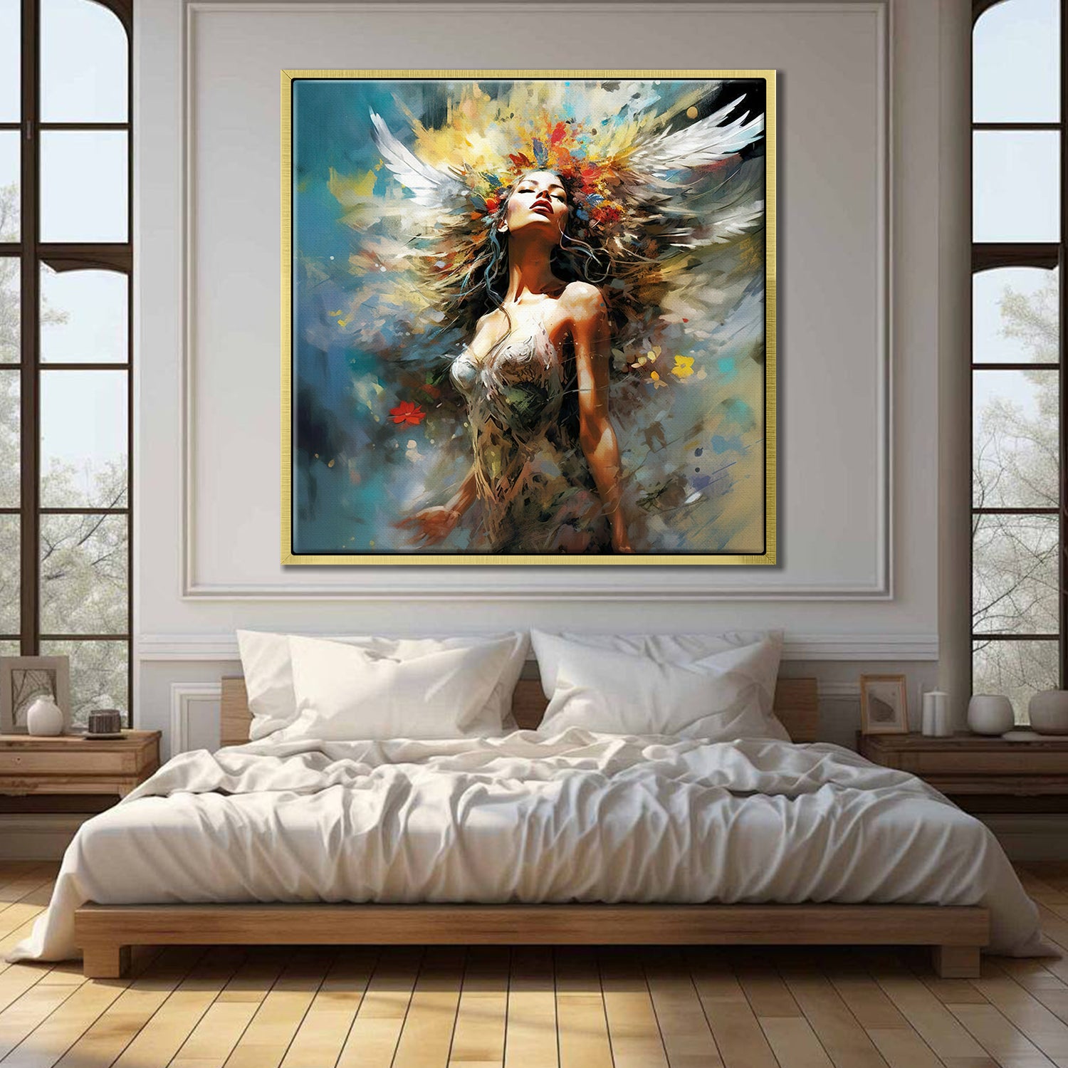 gold frame flower goddess wall art painting in the bedroom
