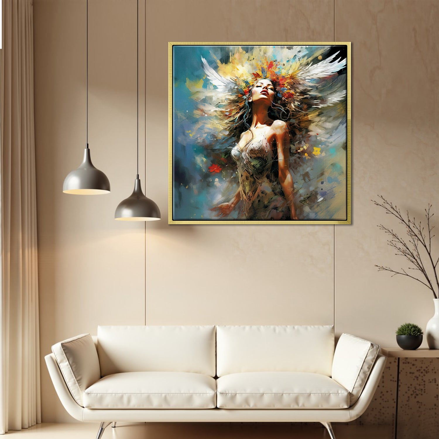 gold frame flower goddess wall art painting above the sofa