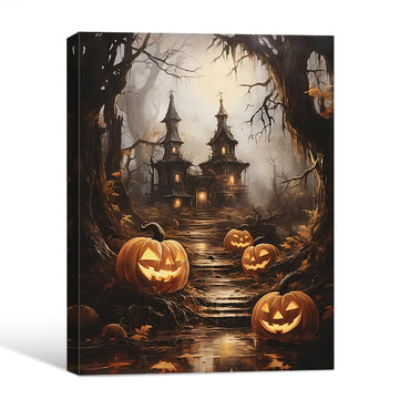 Spooky Haunted House Jack O Lantern Forest Halloween Canvas Wall Art
