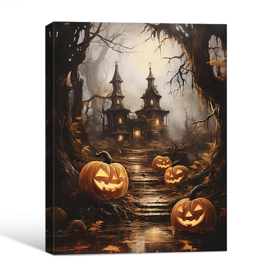 Spooky Haunted House Jack O Lantern Forest Halloween Canvas Wall Art