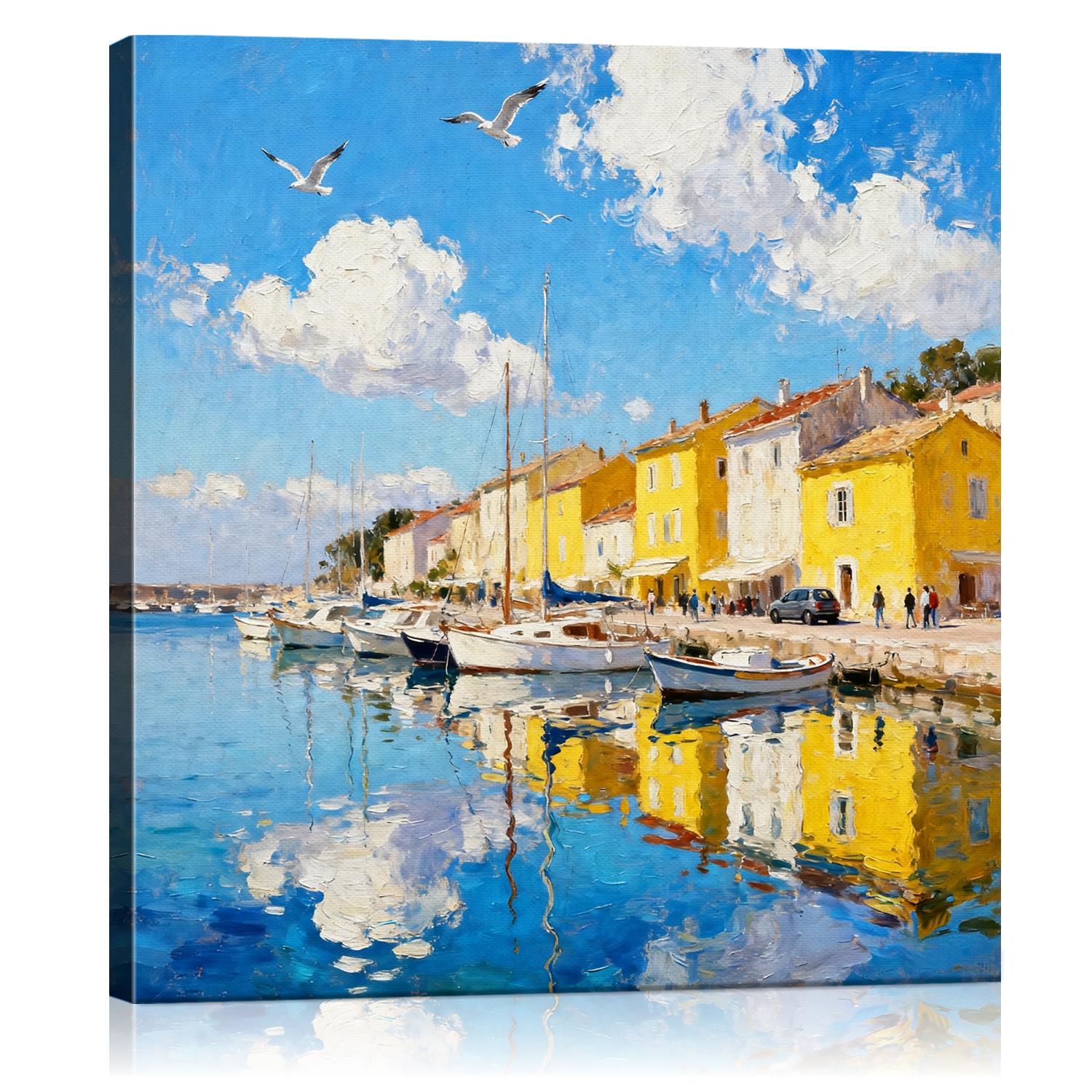 wall art canvas painting depicts a bright harbor scene in a seaside town