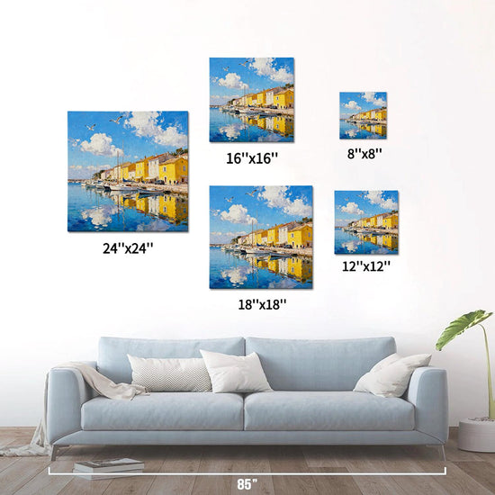 different size wall art canvas painting depicts a bright harbor scene in a seaside town