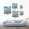 different size wall art canvas painting depicts a bright harbor scene in a seaside town