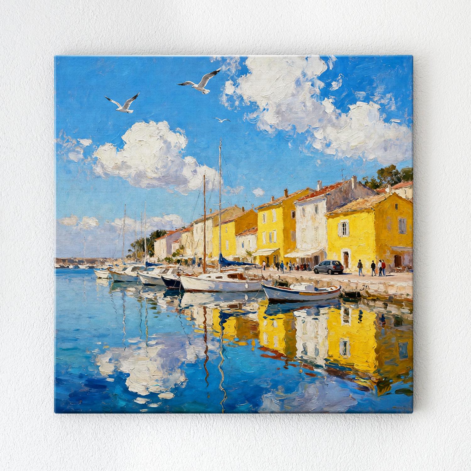 wall art canvas painting depicts a bright harbor scene in a seaside town