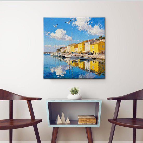 living room wall art canvas painting depicts a bright harbor scene in a seaside town
