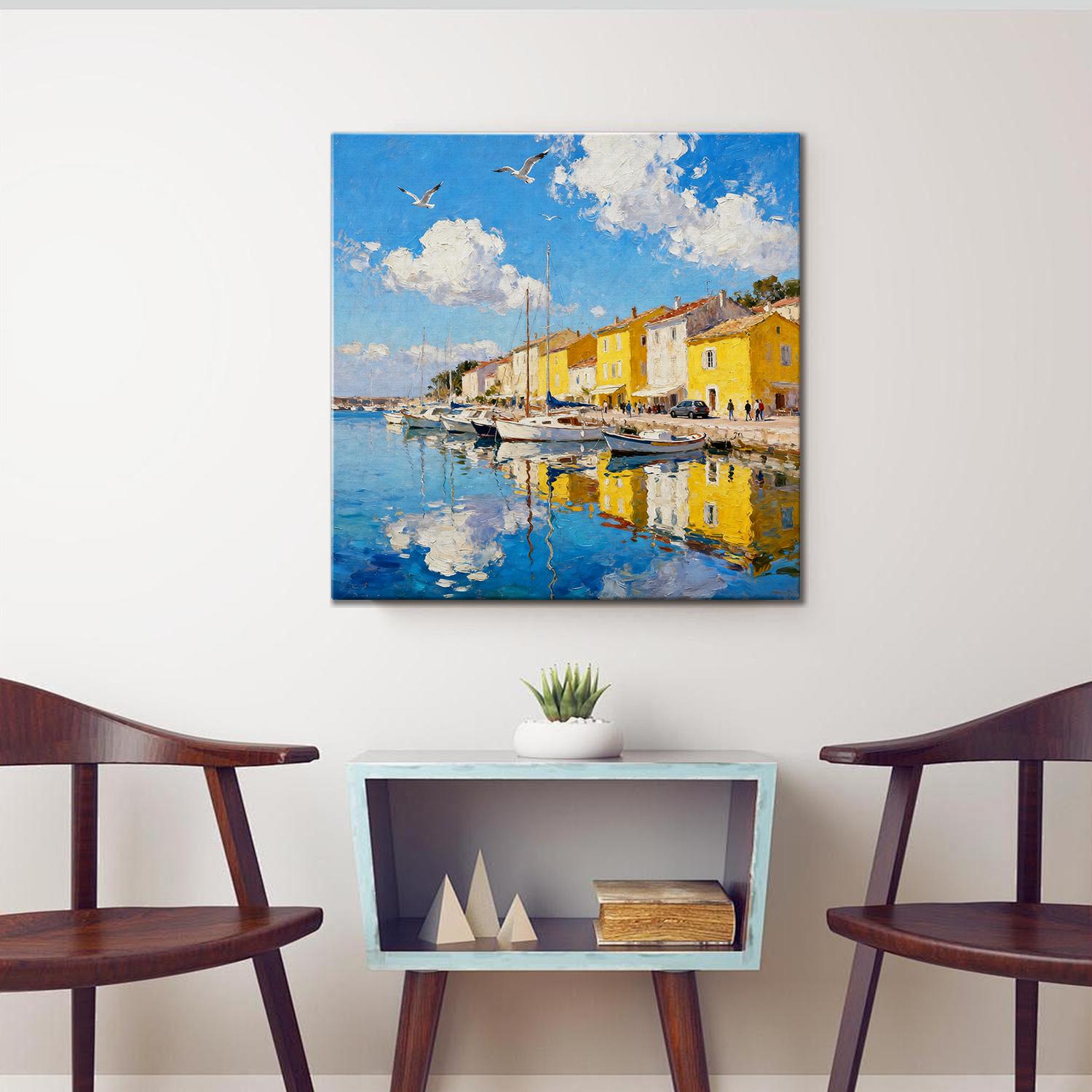 living room wall art canvas painting depicts a bright harbor scene in a seaside town