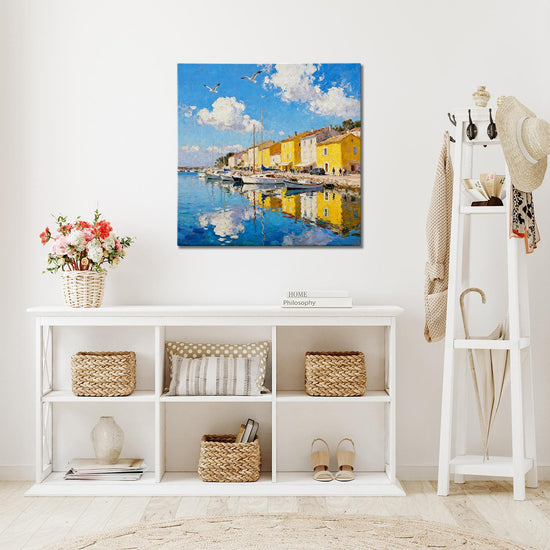 cloakroom wall art canvas painting depicts a bright harbor scene in a seaside town