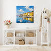 cloakroom wall art canvas painting depicts a bright harbor scene in a seaside town