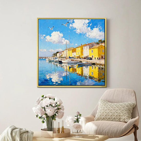 gold frame wall art canvas painting depicts a bright harbor scene in a seaside town
