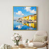 gold frame wall art canvas painting depicts a bright harbor scene in a seaside town