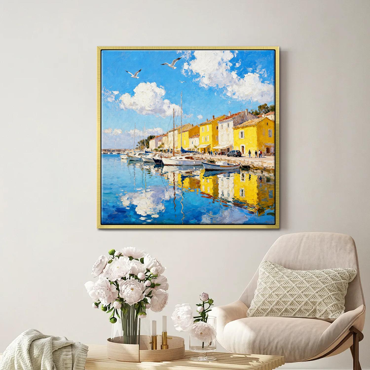 gold frame wall art canvas painting depicts a bright harbor scene in a seaside town