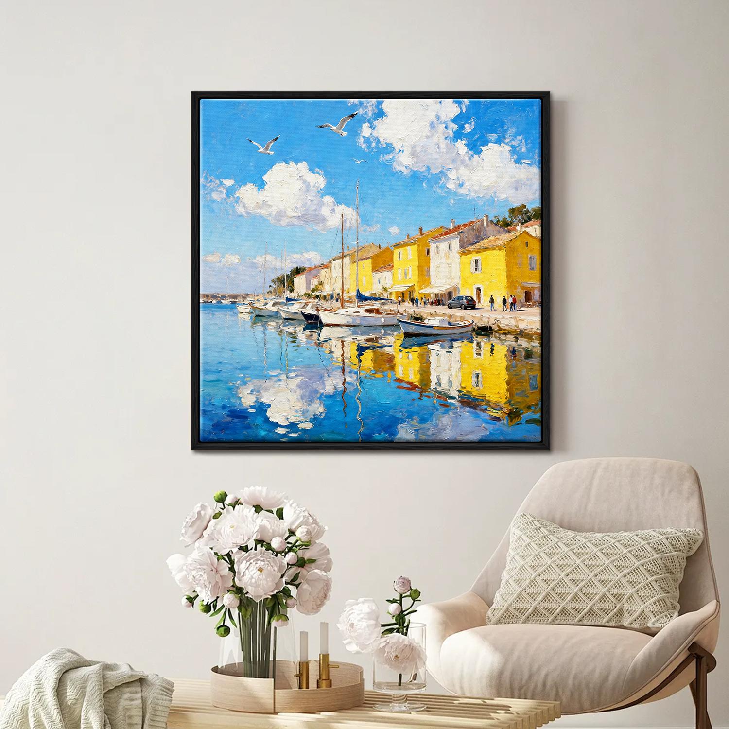 black frame wall art canvas painting depicts a bright harbor scene in a seaside town