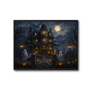 Full Moon Haunted House Ghost Jack O Lantern Halloween Canvas Wall Art