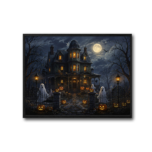 Full Moon Haunted House Ghost Jack O Lantern Halloween Canvas Wall Art
