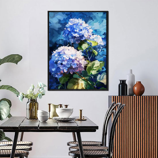 A black frame hydrangea wall art painting in the dining room