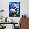 A black frame hydrangea wall art painting in the dining room