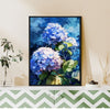 A black frame hydrangea wall art painting on the table