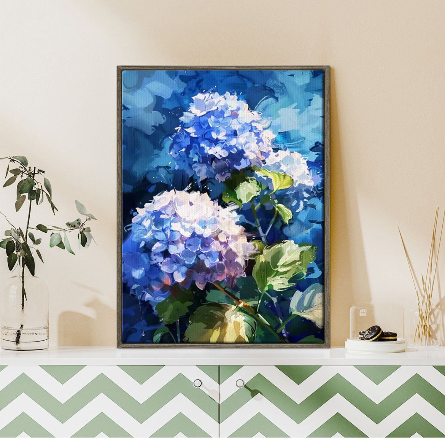 coffee frame hydrangea wall art canvas on the table