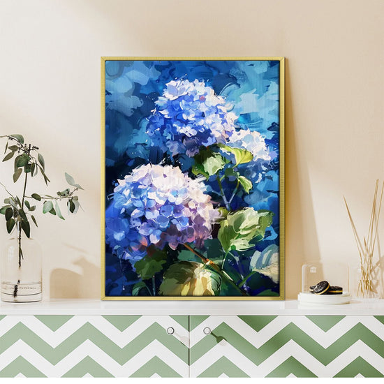 gold frame hydrangea wall art canvas on the table