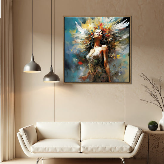 light oak color frame flower goddess wall art canvas above the sofa