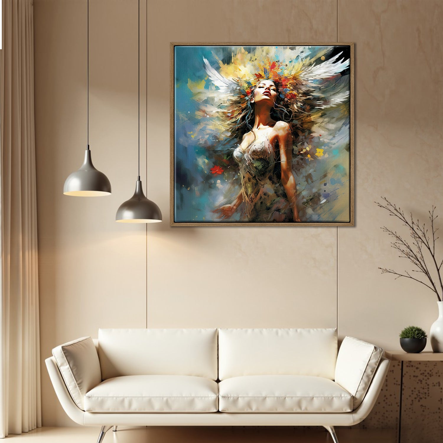 light oak color frame flower goddess wall art canvas above the sofa