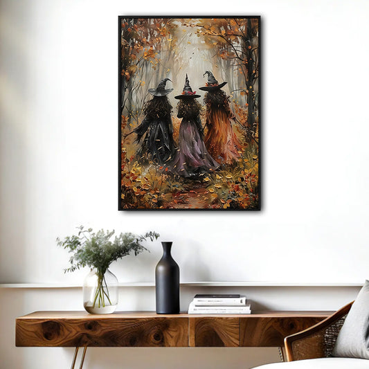 Three Vintage Witches Autumn Misty Forest Halloween Canvas Wall Art