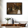Cute White Ghost Autumn Forest Path Vintage Farmhouse Halloween Canvas Wall Art
