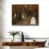 Cute White Ghost Autumn Forest Path Vintage Farmhouse Halloween Canvas Wall Art