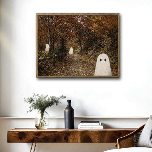 Cute White Ghost Autumn Forest Path Vintage Farmhouse Halloween Canvas Wall Art