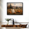 Vintage Farmhouse Pumpkin Field Cute Ghost Old Country House Halloween Canvas Wall Art