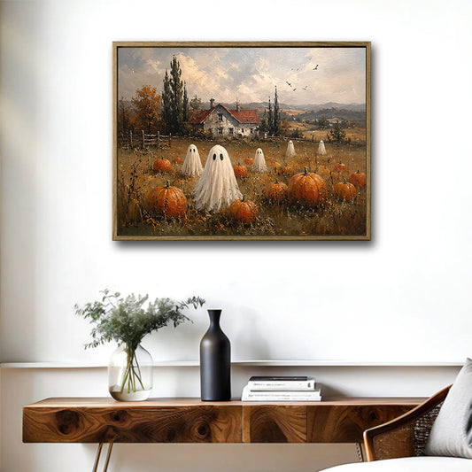 Vintage Farmhouse Pumpkin Field Cute Ghost Old Country House Halloween Canvas Wall Art