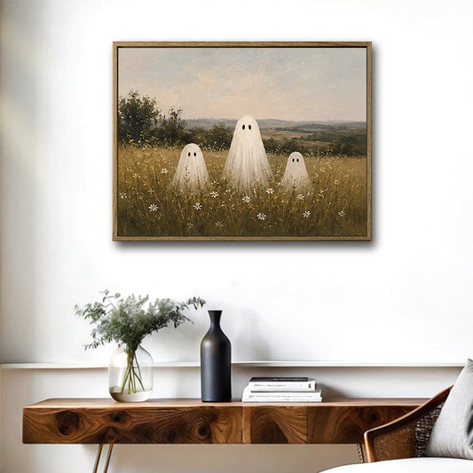 Three Cute Ghost Wild Daisy Meadow Vintage Farmhouse Halloween Canvas Wall Art