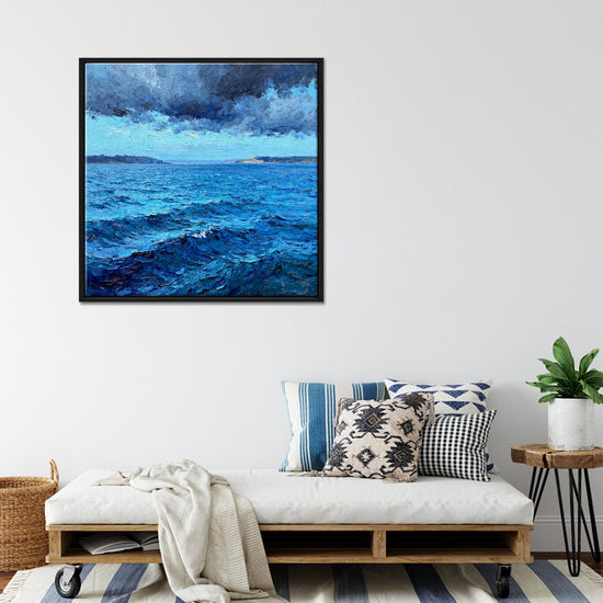 black frame wall art canvas painting depicts rough sea scene