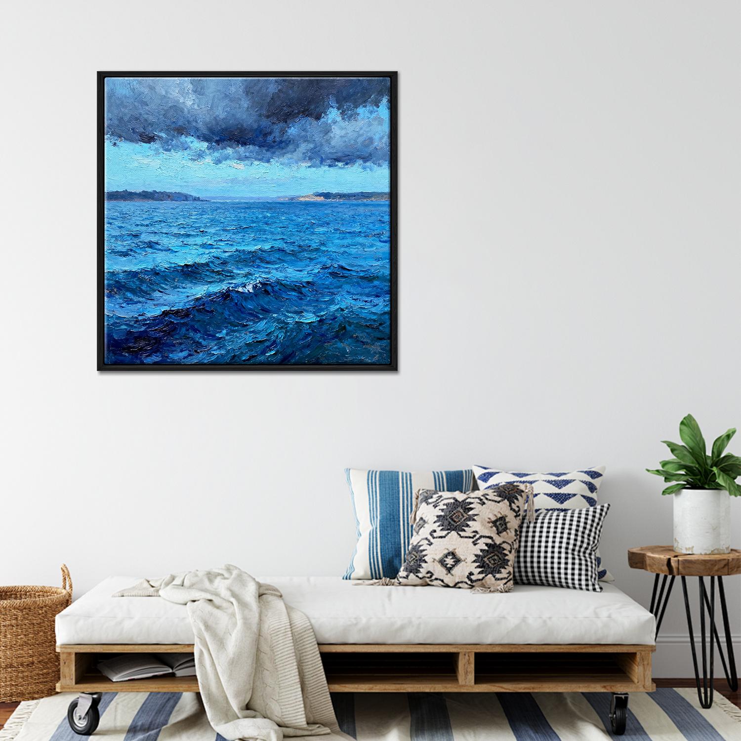 black frame wall art canvas painting depicts rough sea scene