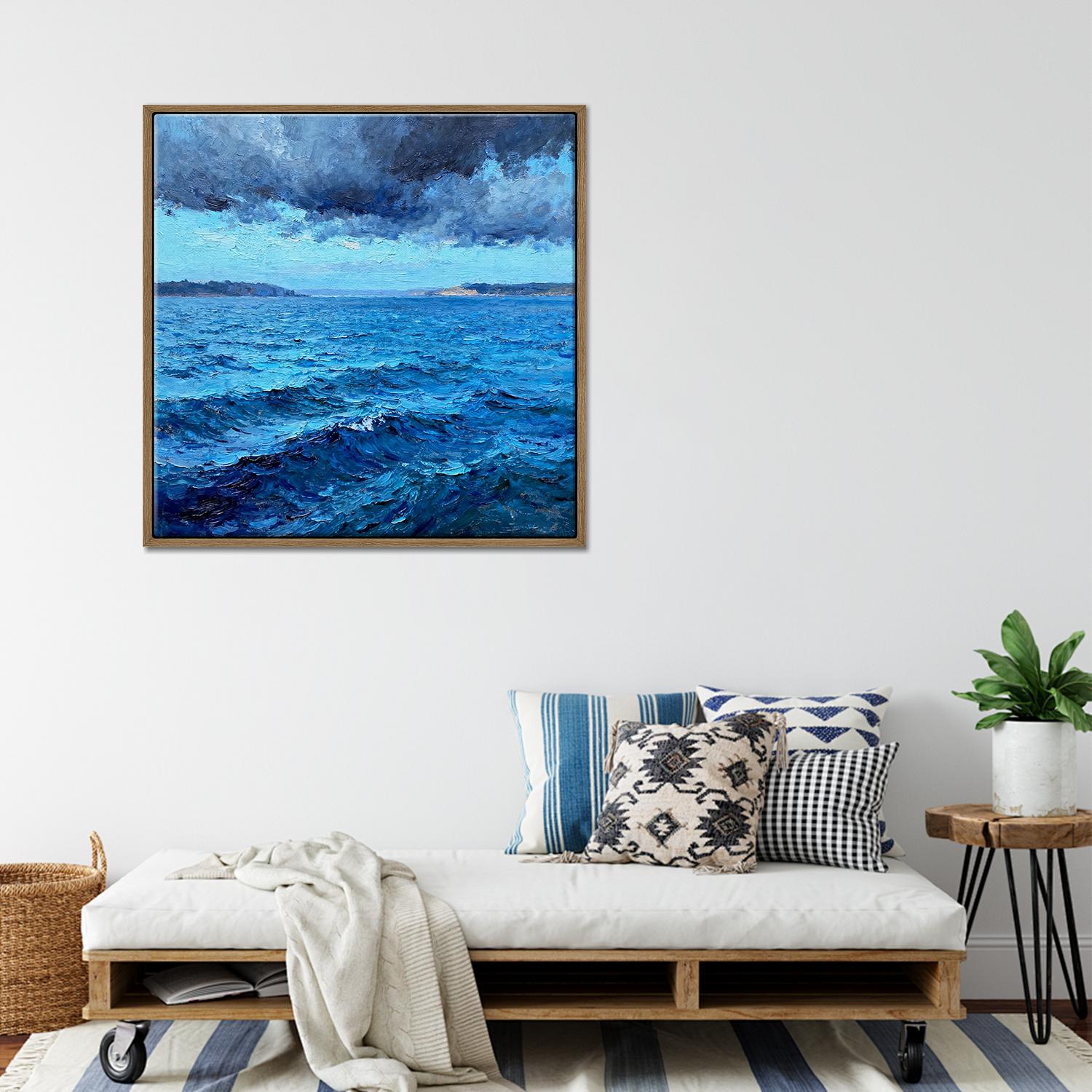light oak color frame wall art canvas painting depicts rough sea scene