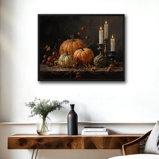 Dark Moody Fall Pumpkin Candle Still Life Vintage Farmhouse Canvas Wall Art