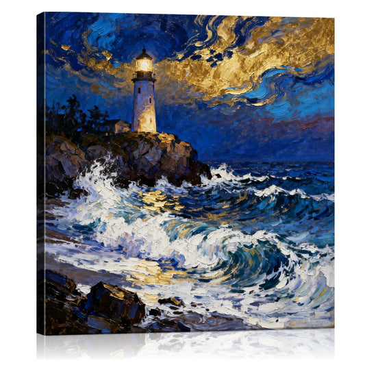 wall art canvas painting shows the scene of a lighthouse at the seaside illuminating the surging waves at night.