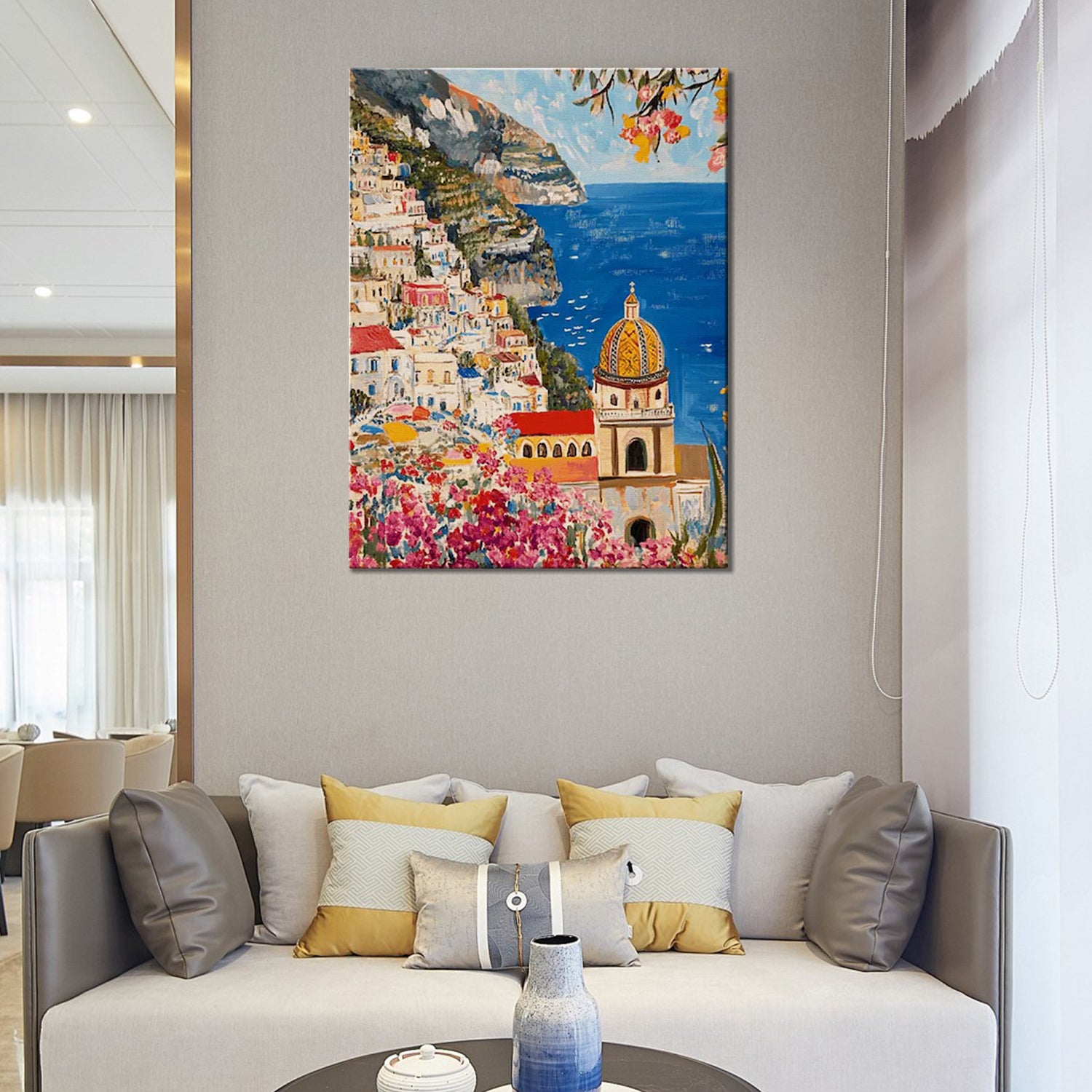 seaside town scenery wall art painting above the sofa