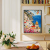 black frame seaside town scenery wall art painting on bookshelf