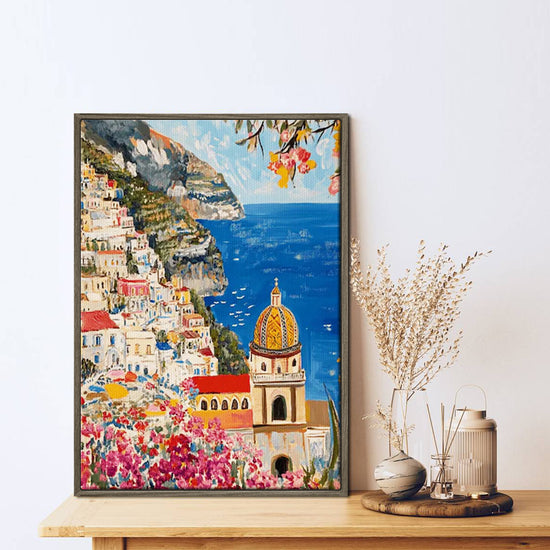 coffee frame seaside town scenery wall art painting on the table