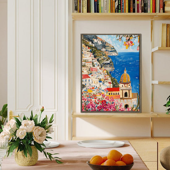 coffee frame seaside town scenery wall art painting on the booksheif