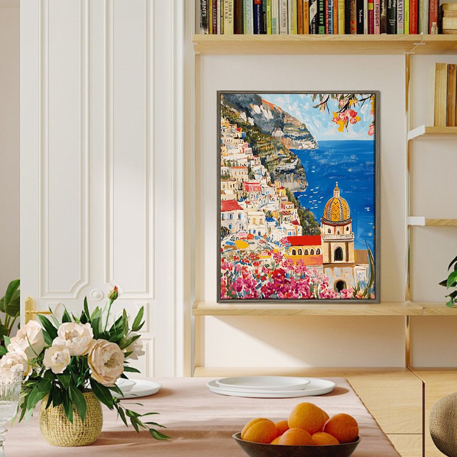 coffee frame seaside town scenery wall art painting on the booksheif