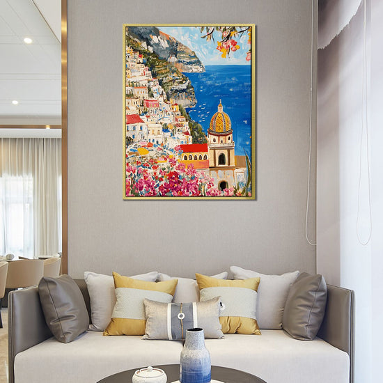 gold frame seaside town scenery wall art painting in the living room
