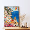 white frame seaside town scenery wall art painting canvas on the table
