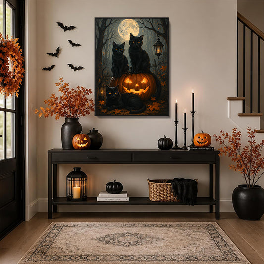 Three Black Cats Glowing Jack O Lantern Full Moon Forest Halloween Canvas Wall Art
