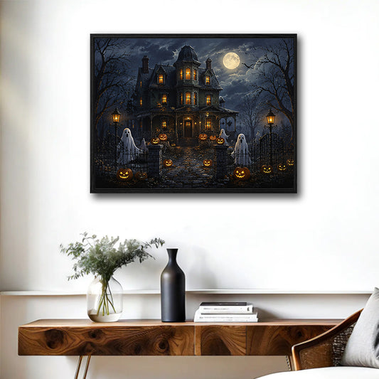 Full Moon Haunted House Ghost Jack O Lantern Halloween Canvas Wall Art